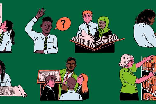 A collection of illustrations showing students engaging in activities at an archive. Including looking at documents, asking questions and visiting a library.
