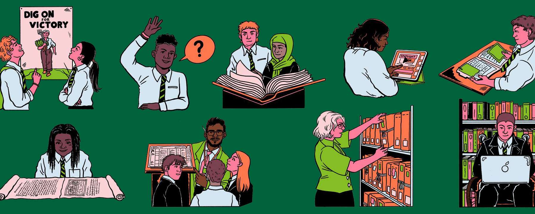 A collection of illustrations showing students engaging in activities at an archive. Including looking at documents, asking questions and visiting a library.