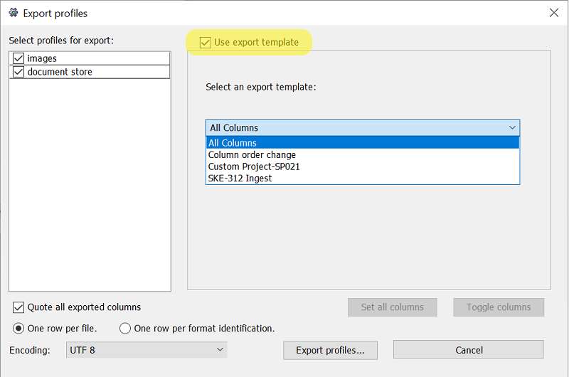 Screenshot of the 'Export profiles' prompt in DROID, showing the 'Select an export template' dropdown menu.