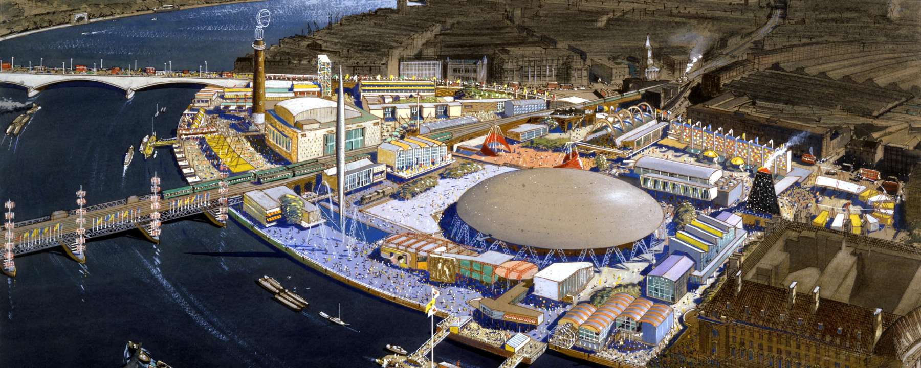 Aerial view of the Thames with a bustling, colourful selection of festival buildings on its bank.
