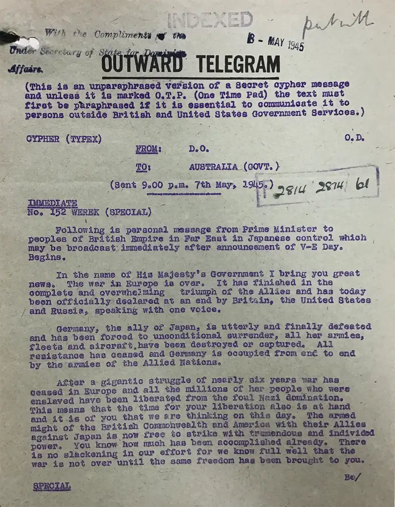 Typewritten document on a template marked 'Outward Telegram'.