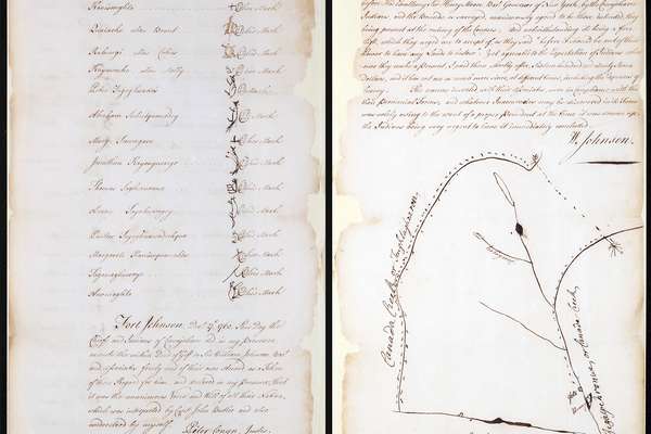 Two pages from a land grant. One side shows a list of signatures. The other a paragraph of text followed by a drawing of the land in question..