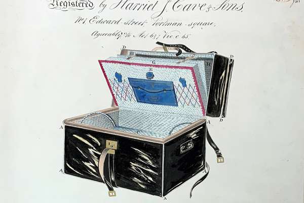 A drawing of an extendable travelling basket with text written above it.