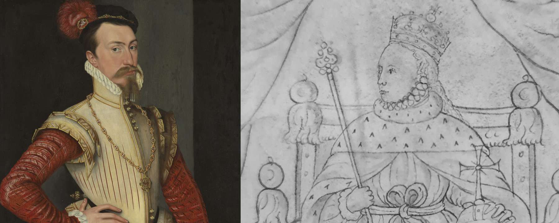 On the left, A portrait of Robert Dudley, a man wearing fine Elizabethan dress with a beard and moustache. One the right, a line sketch of Elizabeth I sat on her throne, holding the royal orb and sceptre.