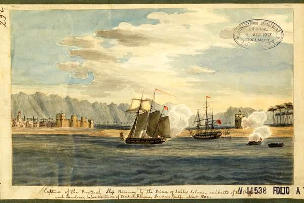 painting of pirate ship being captured at sea