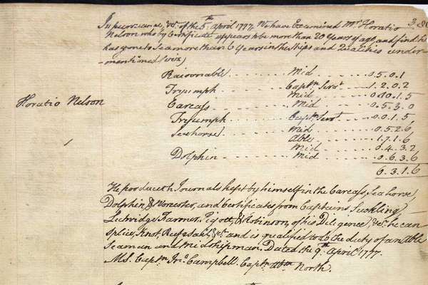 A hand written entry in an official document. On the left hand side the text reads 'Horatio Nelson'