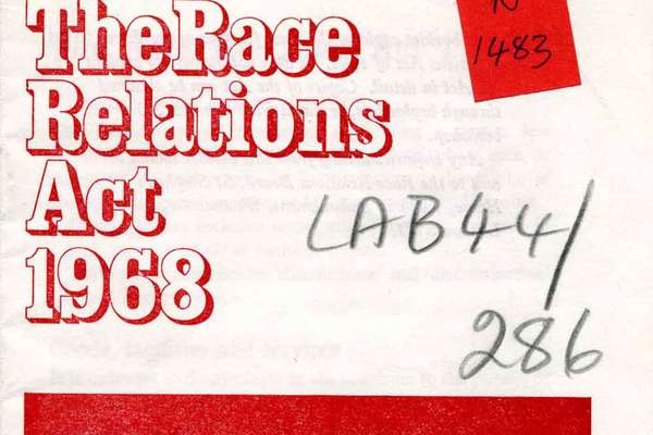 The front cover of a document. The text 'Race Relations Act 1968' is written in bold red text