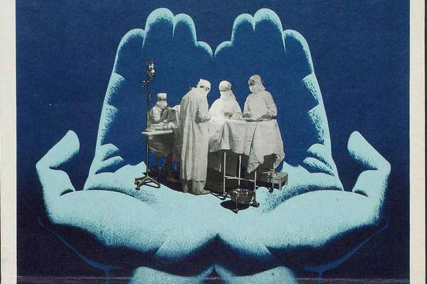 Surgeons operate on a patient within a huge pair of hands above the words 'a life in your hands'.