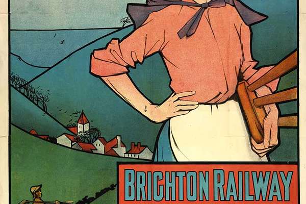 Illustrated poster featuring a woman holding a milking stool. Behind her are lush rolling hills.