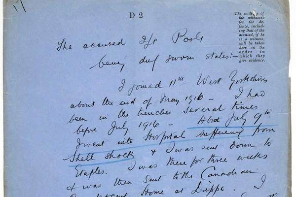 Handwritten note on blue paper starting 'I joined 11th West Yorkshire about the end of May 1916'.