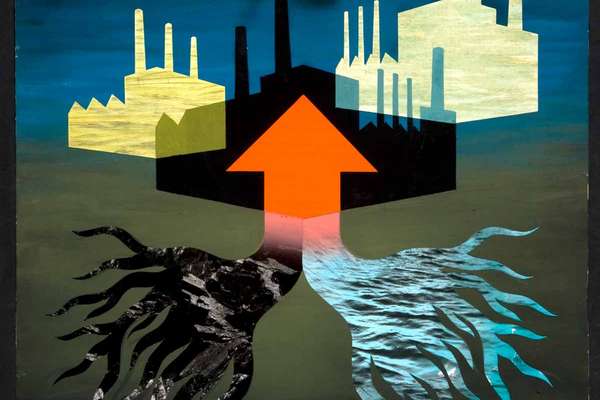 A black and a blue set of roots join to form a red arrow pointing up into 3 silhouetted factories.