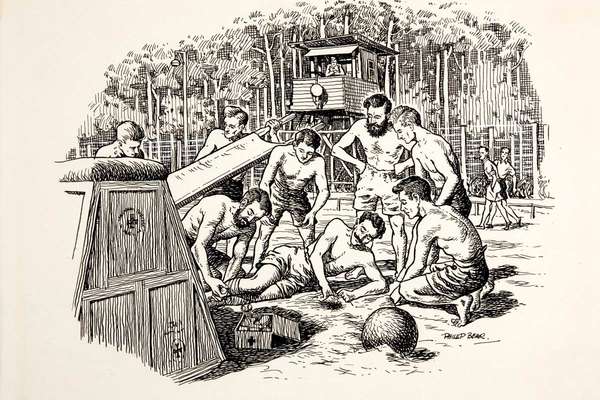 Inside a POW camp, 7 men gather around a hurt man to provide aid, including bandaging his leg.
