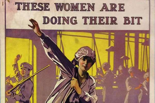 A poster titled 'These women are doing their bit', showing a woman getting ready to go to work