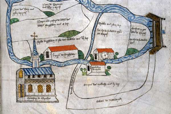 Map featuring several buildings with red-tiled rooves and a detailed image of a church.