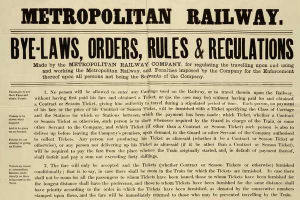 A poster titled 'Bye-laws, orders, rules and regulations' with a list of rules for passengers.