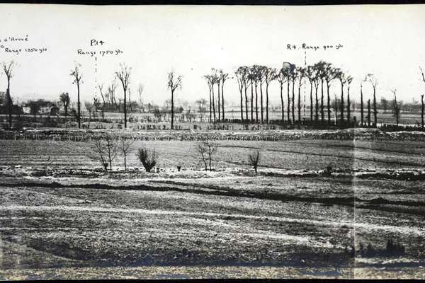 Landscape photo showing bare fields with trenches dug in, and a row of thin trees.