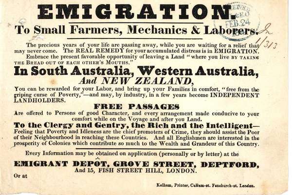 Simple poster with just text in black lettering and many different fonts, headed 'EMIGRATION'.