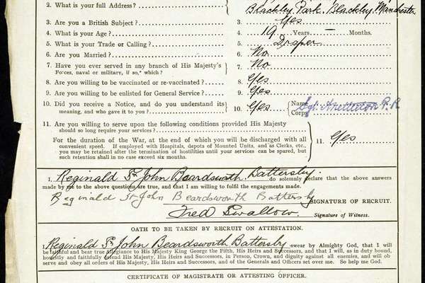 A printed form completed in pen and signed by Battersby and his recruiter.