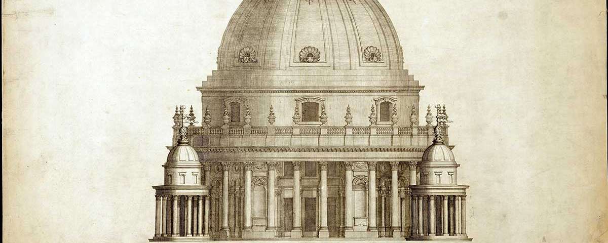 An illustrated side-on view of the dome of St Paul's Cathedral