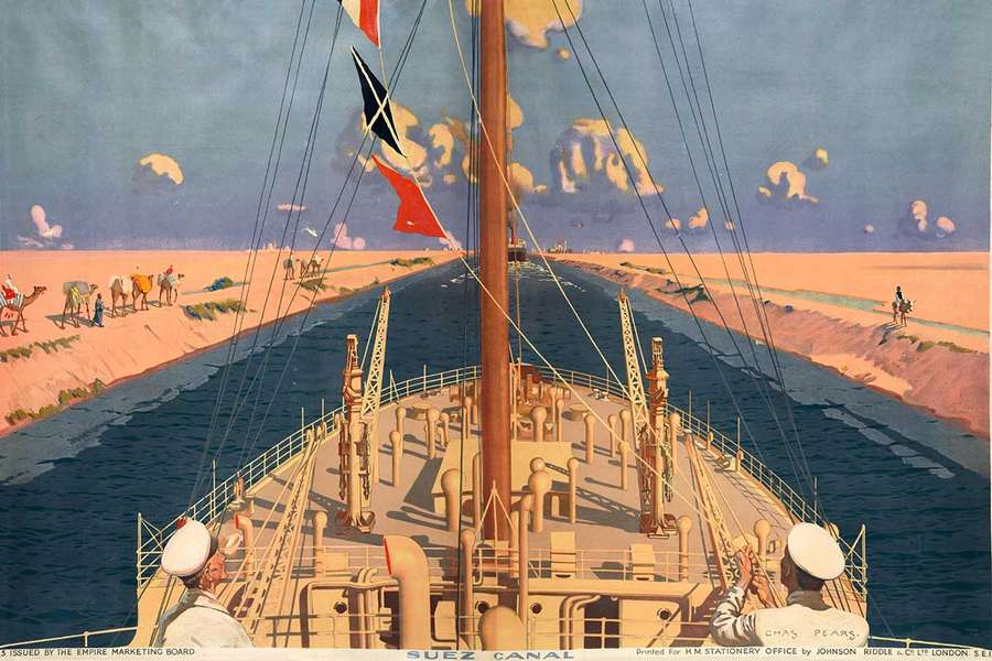 A painted view down the Suez Canal from the perspective of the crew of a ship