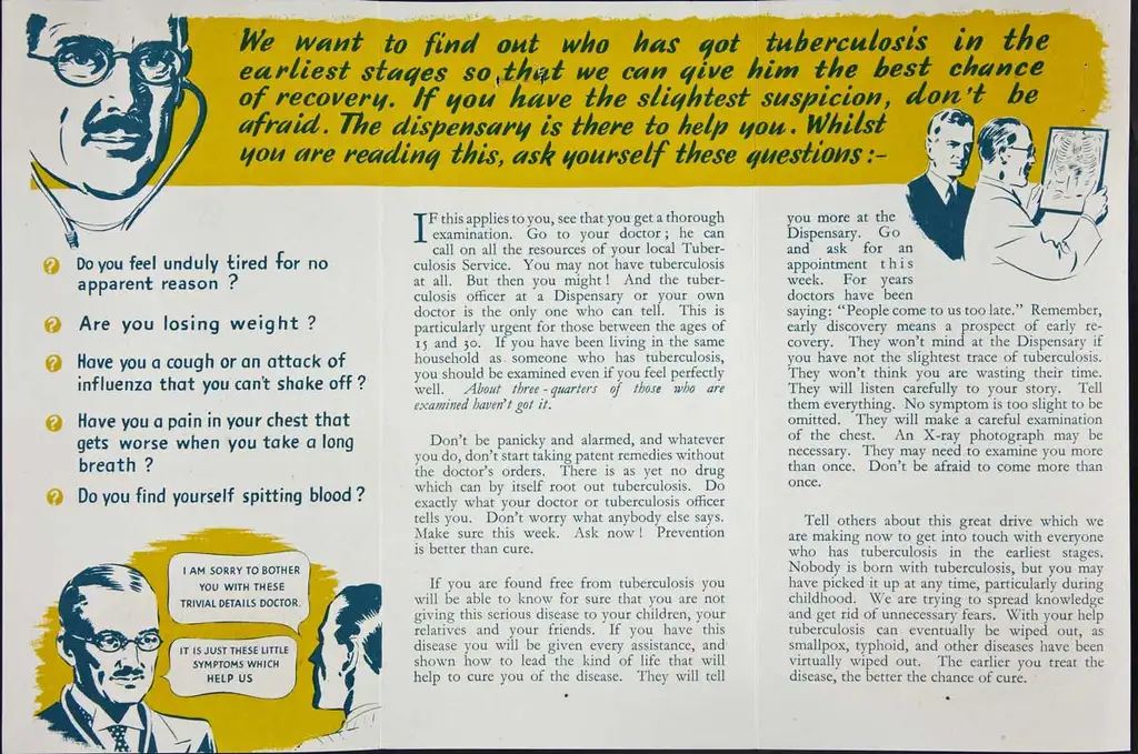 Sketches of a doctor talking to a patient sit around large amounts of blue text.