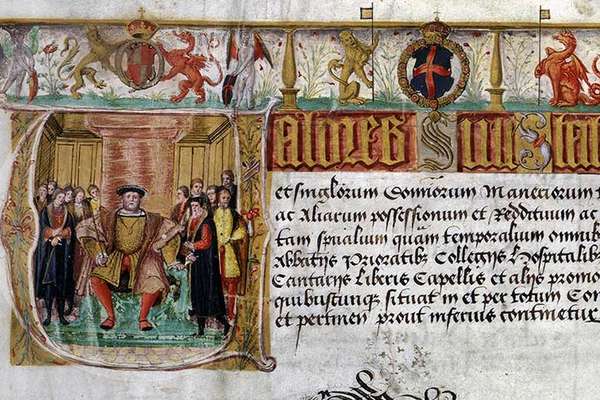 The top of a document that has been richly illustrated with a picture of Henry VIII on his throne.