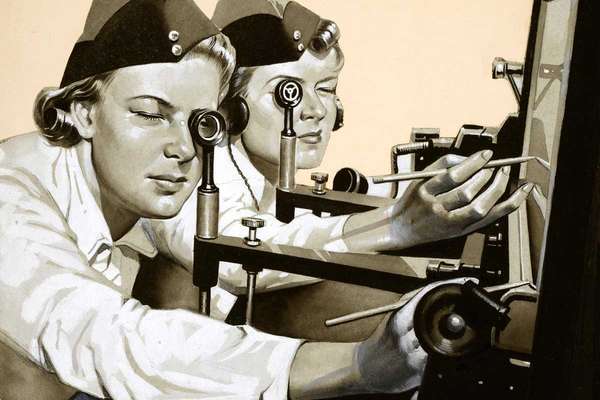 Two women wearing military caps looking into barreled equipment.