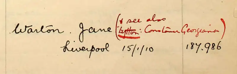 Close-up showing the name 'Warton, Jane' above ‘Liverpool’ and the date ‘15/1/10’.