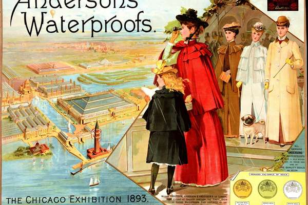 An advertisement for 'Andersons' Waterproofs' showing 4 women and a child alongside view of Chicago.