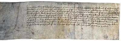 Grey parchment with nine lines of handwritten old English in ink beside a faint signature.