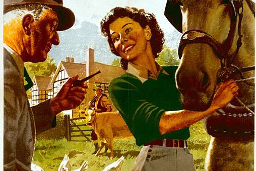 A Women's Land Army recruiting poster showing a land girl holding a horse speaking with a farmer.