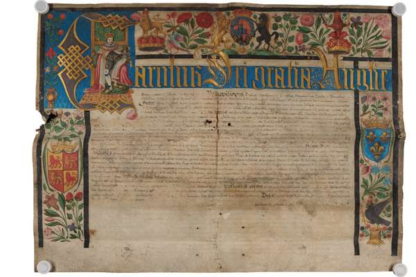 A medieval document with a colour illustration of a king on their throne.