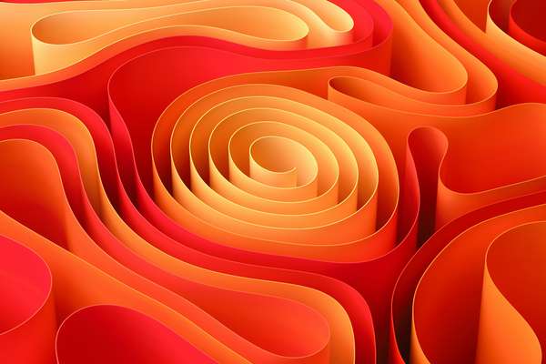 An image of red, orange and yellow thin 3D shapes in circular and spiral shapes.