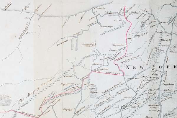 A section of a hand-drawn map showing part of New York State.  A pink boundary line winds across the map, highlighting a border, just below the 'Allegheny Mountains'.