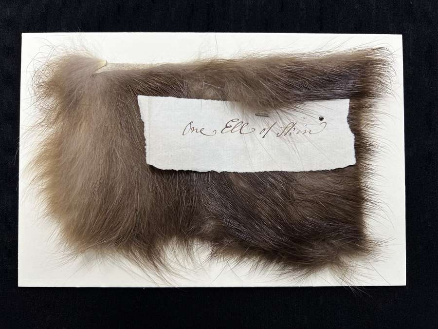 A rectangle of brown fur with a white label attached