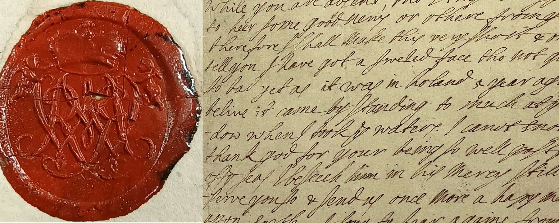 On the left is the royal seal of Mary II and William III, it is red. To the right is a handwritten letter. It is written in cursive script and is difficult to read.