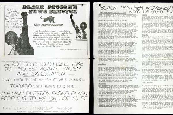 Two pages from Black People's News Service. The left page shows two black men raising their fists.