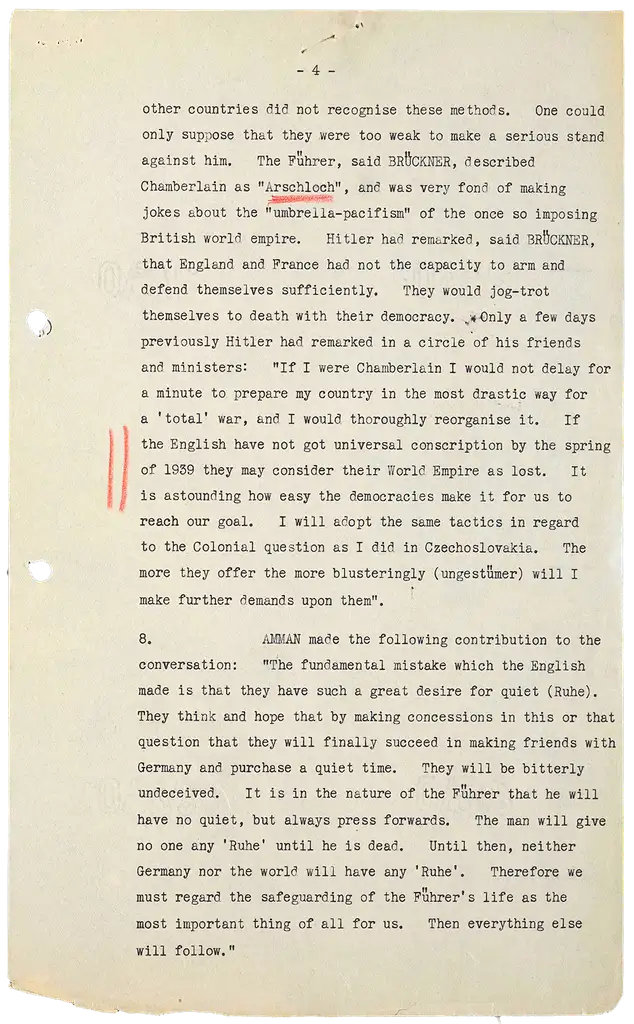 Page from a typewritten document with the word 'Arschloch' underlined in red pencil.