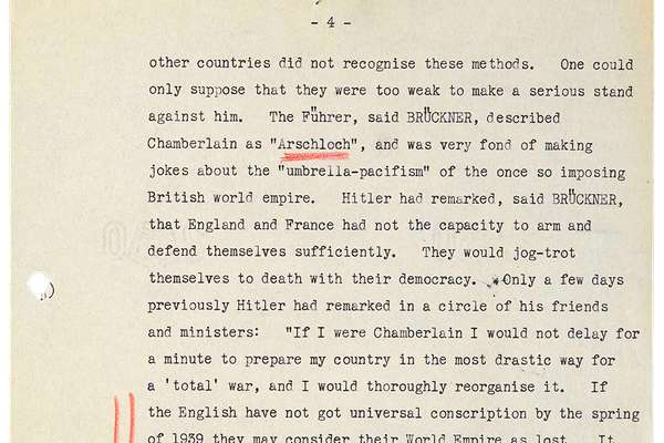 Page from a typewritten document with the word 'Arschloch' underlined in red pencil.