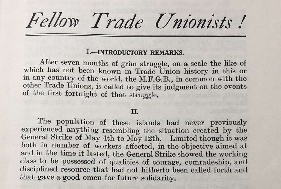 Two paragraphs of text under the large heading, 'Fellow Trade Unionists!'.