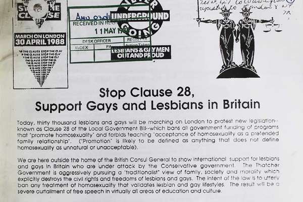 A typed leaflet with logos for 'Stop the Clause', 'Lesbians and Gay Men Out and Proud' and OLGA.