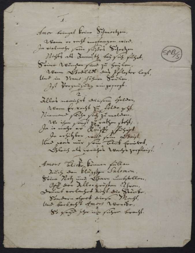 A single sheet of paper with three verses of a poem, each eight lines long, written in Danish.