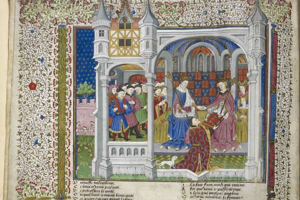 Medieval manuscript page with flowers, a king and people kneeling before him