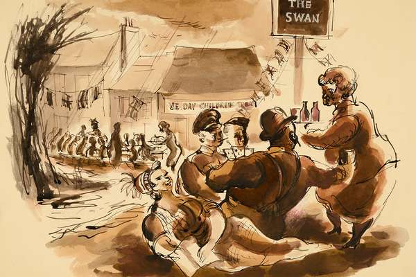 Ink and watercolour illustration of celebrating figures below a pub sign saying 'The Swan'.