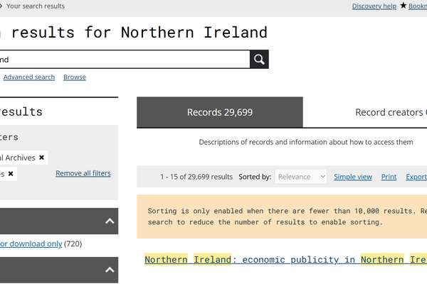 A screenshot of a Discovery search results page, including the 'troubles' subject tag as a filter.