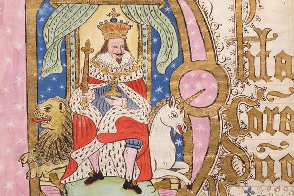 Illustration of King Charles I sat on a throne holding an orb and sceptre, with a unicorn and a lion on either side, next to some decorated gold text in Latin.