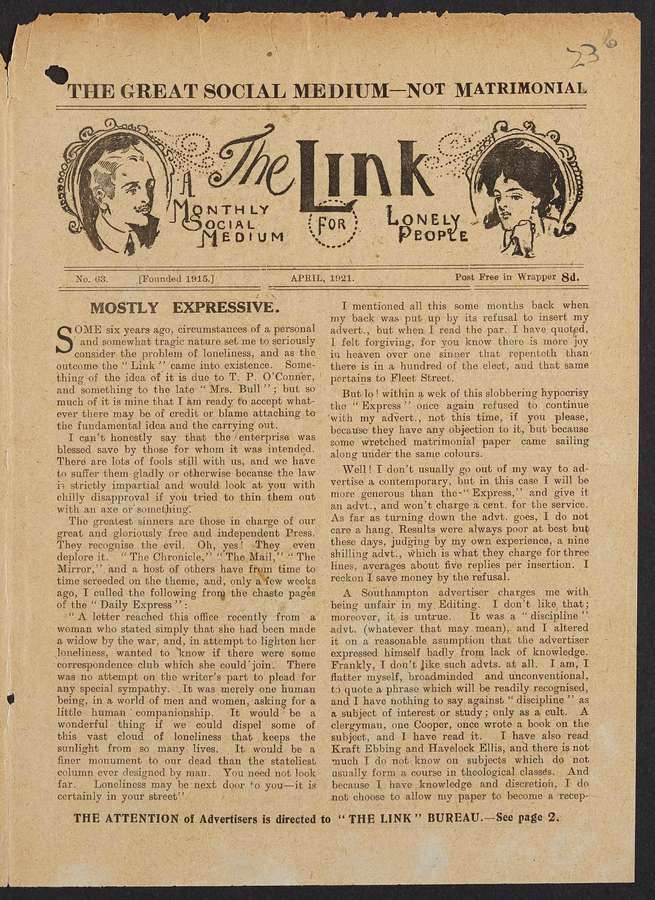 A browned cover page of The Link with a full page of printed text. Illustrations of a man and a woman are featured at the top of the page.