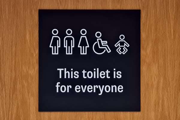 Sign showing icons of people, including a person in a wheelchair and a baby, above the text 'This toilet is for everyone'.