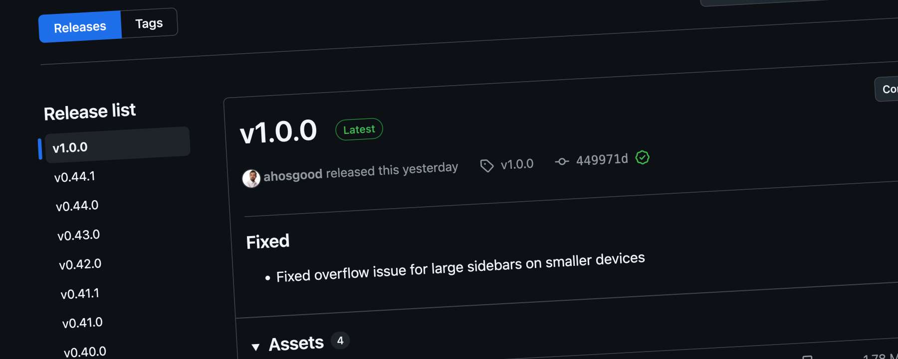 List of TNA Frontend releases on GitHub, showing v1.0.0 at the top