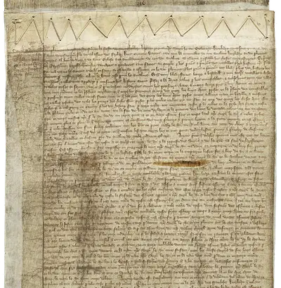 Dozens of lines of handwritten medieval French on stained yellow parchment.